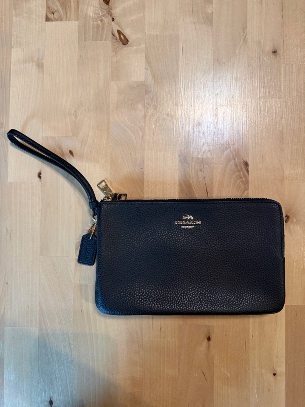Coach Black Pebbled Leather Wristlet with Gold Hardware